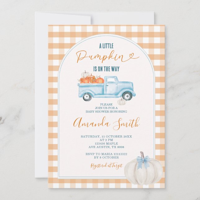  Gingham A Little Pumpkin Fall Truck Baby Shower Invitation (Front)