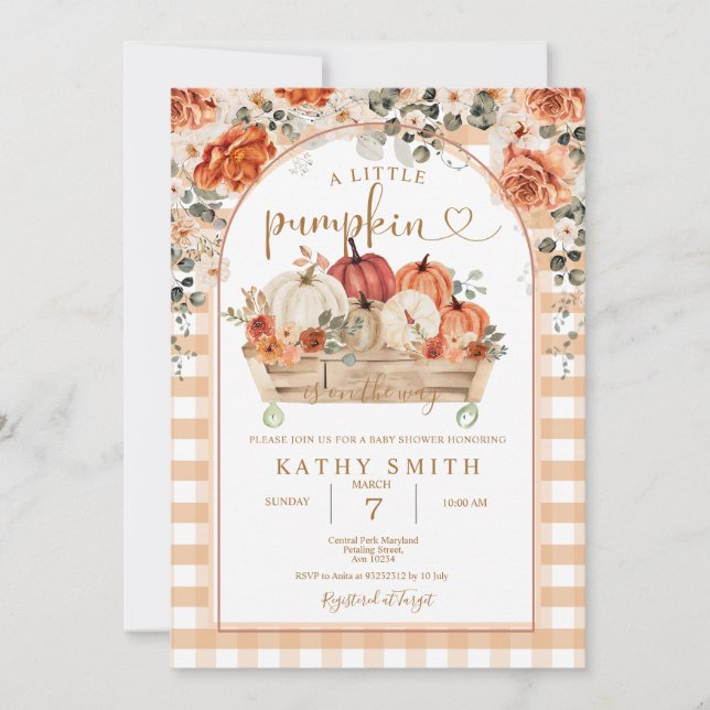 Gingham A little pumpkin is on the way Baby Shower Invitation (Front)