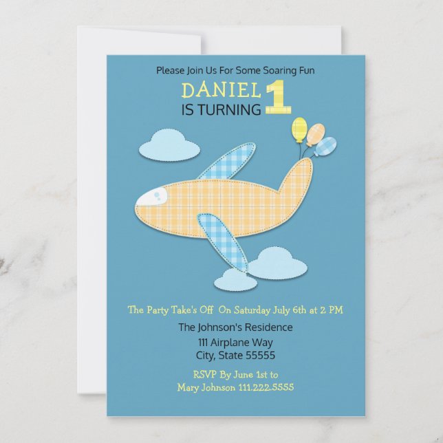 Gingham Aeroplane and Balloons First Birthday Invitation (Front)
