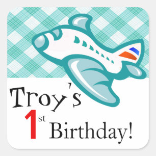 Gingham Aeroplane Birthday Party Favour   mint Square Sticker