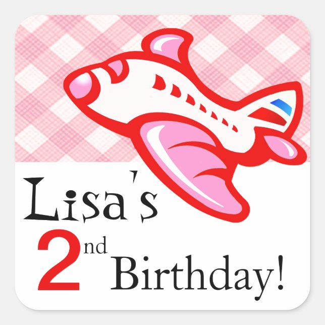 Gingham Aeroplane Birthday Party Favour | pink red Square Sticker (Front)