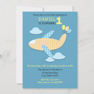 Gingham Aeroplane First Birthday Invitation