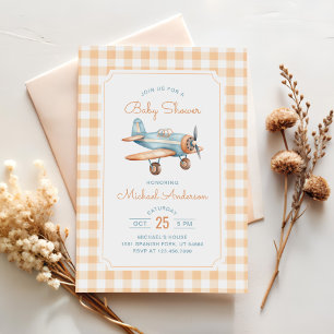 Gingham Airplane Boy Baby Shower Invitation
