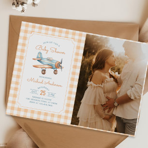 Gingham Airplane Boy Baby Shower Photo Invitation