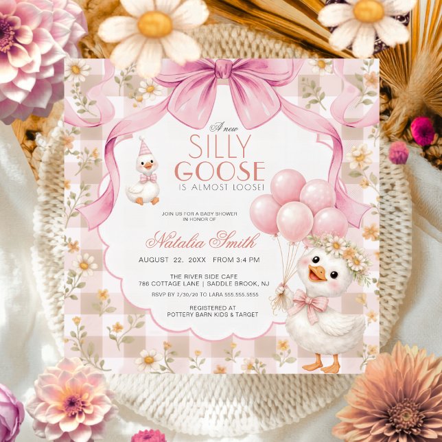Gingham All in One Silly Goose Bow Baby Shower  Invitation (Creator Uploaded)