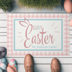 Gingham And Bunny Ears Happy Easter Personalised Doormat