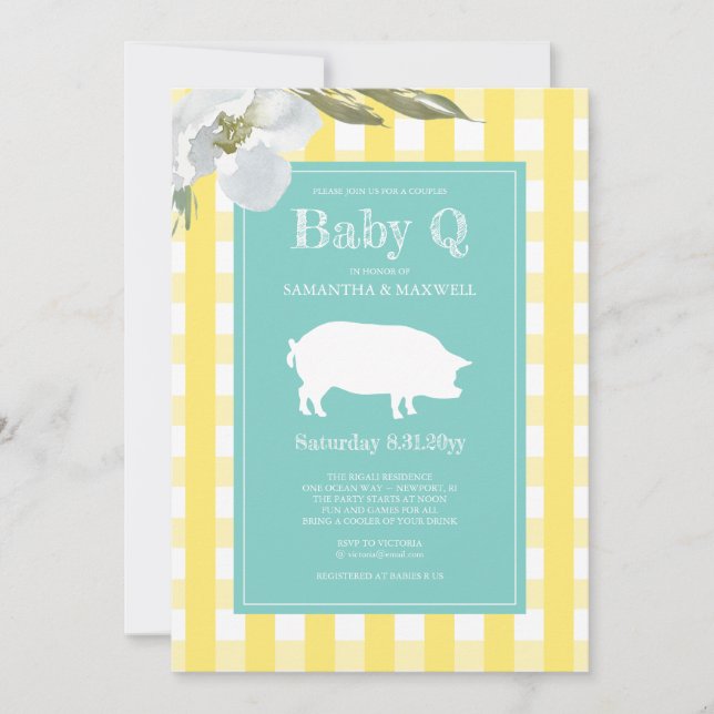 Gingham and Pig Baby Q Baby Shower Invitation (Front)