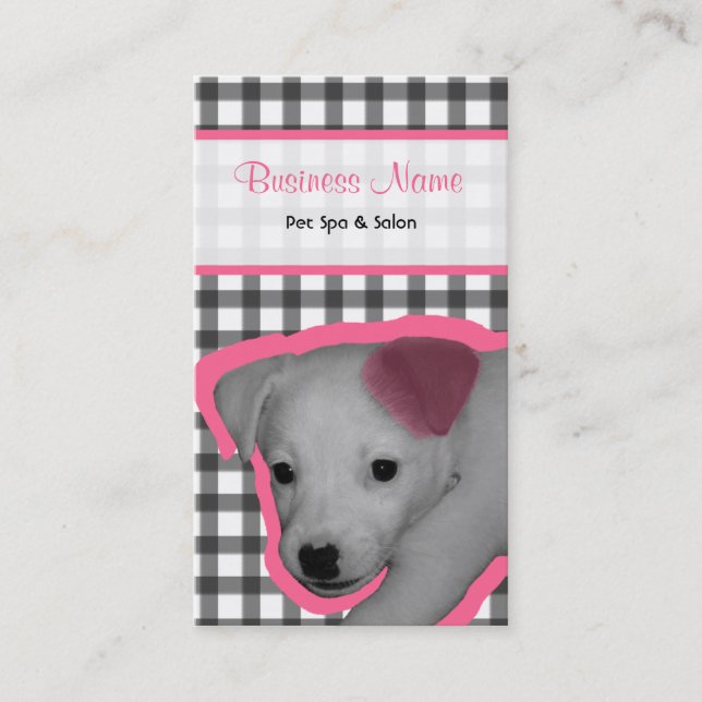 Gingham and Pink Ear Dog Pet Spa & Salon Business Card (Front)