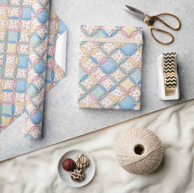 Gingham and Print Cathedral Window Quilt Design Wrapping Paper (Crafts)