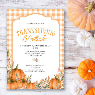 Gingham Autumn Pumpkins Thanksgiving Potluck Invitation