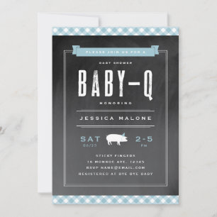 Gingham Baby BBQ Blue Baby Shower Invitation