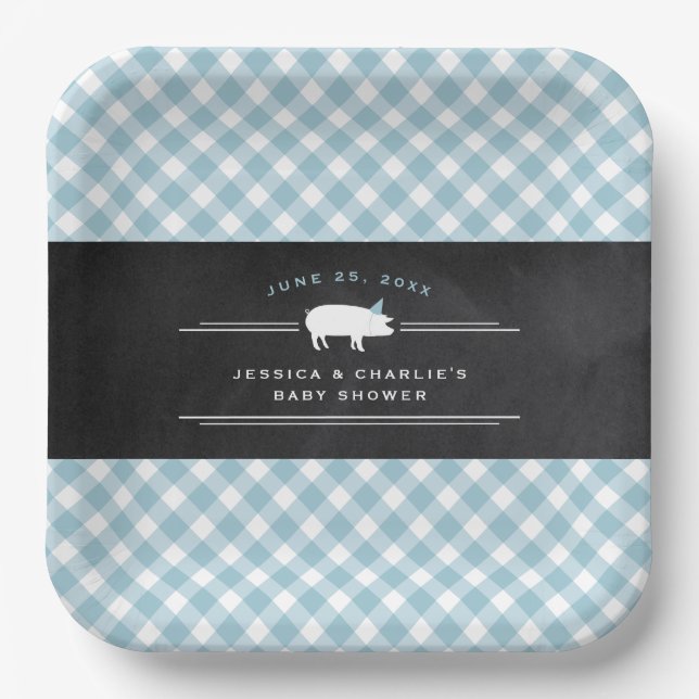 Gingham Baby BBQ Blue Co-ed Baby Shower Paper Plate (Front)