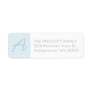 Gingham baby blue monogram return address