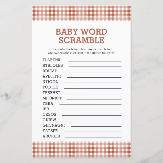 Gingham Baby Shower Word Scramble Game (Front)