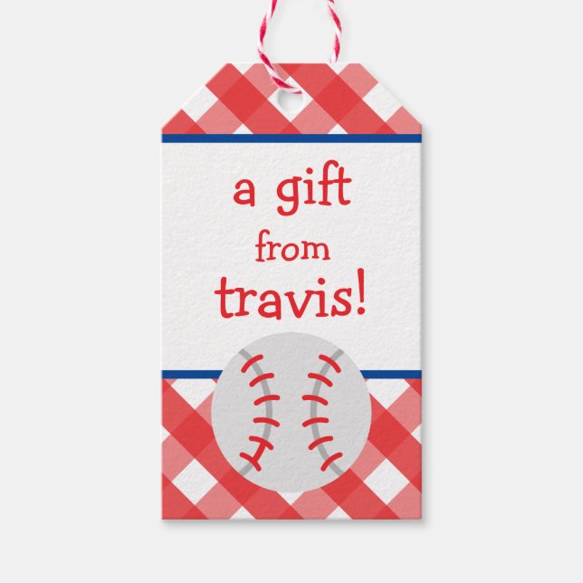 Gingham Baseball Personalised Gift Tags (Front)