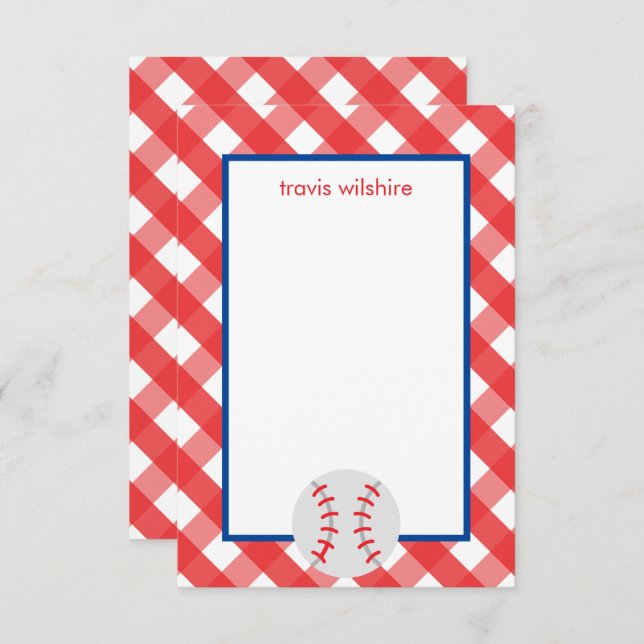 Gingham Baseball Personalised Note Cards (Front/Back)