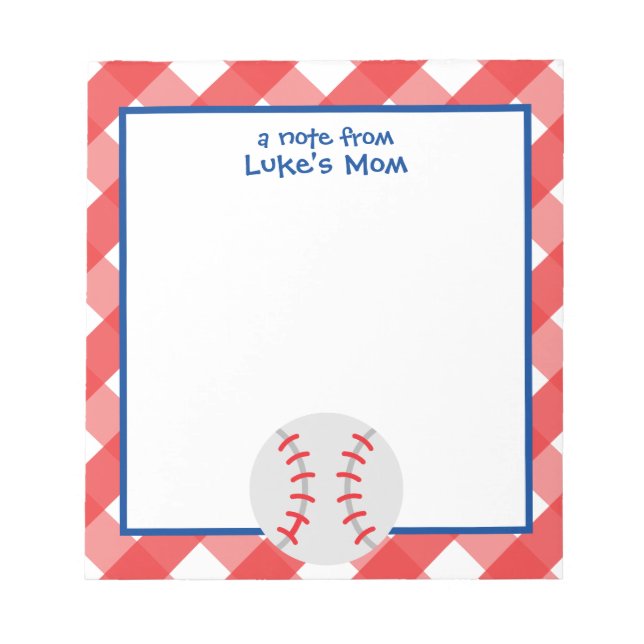 Gingham Baseball Personalised Notepad (Front)