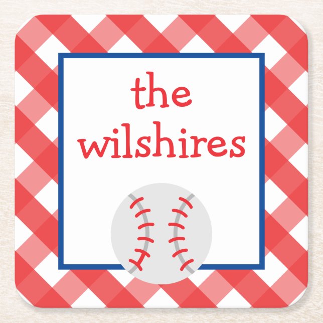 Gingham Baseball Personalised Paper Coasters (Front)