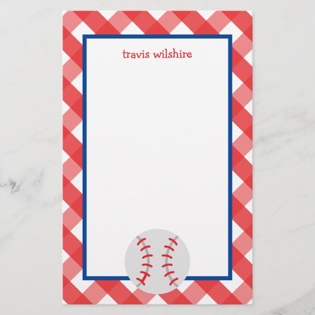 Gingham Baseball Personalised Stationery (Front)
