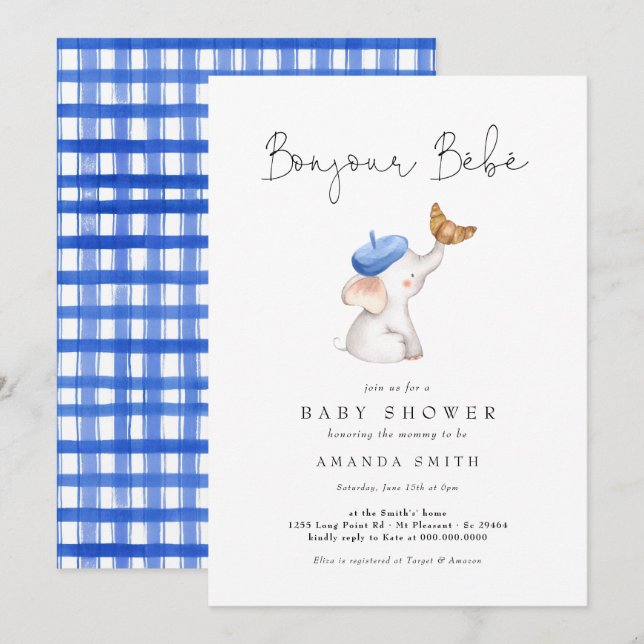 Gingham Bebe French Elephant Baby Boy Shower Invitation (Front/Back)