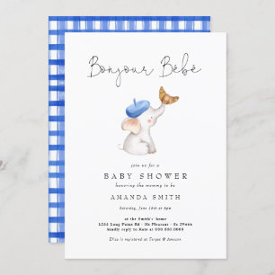 Gingham Bebe French Elephant Baby Boy Shower Invitation