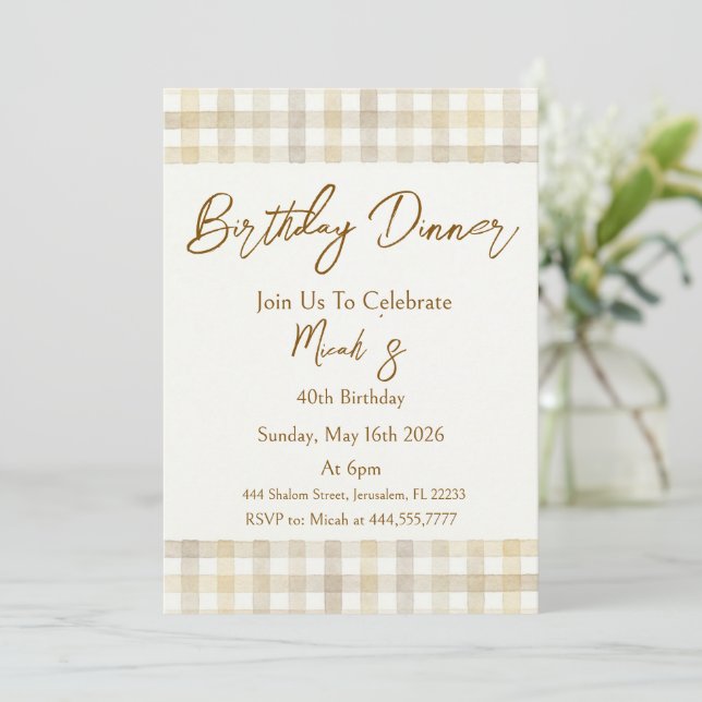 Gingham Beige Brown White Rustic SImple Vintage Invitation (Standing Front)