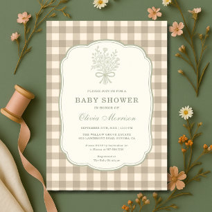 Gingham Beige Ivory Floral Bow Baby Shower Invitation