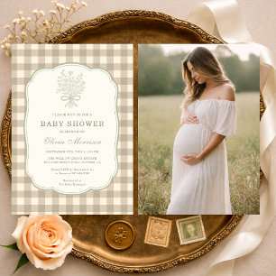 Gingham Beige Ivory Floral Bow Photo Baby Shower Invitation