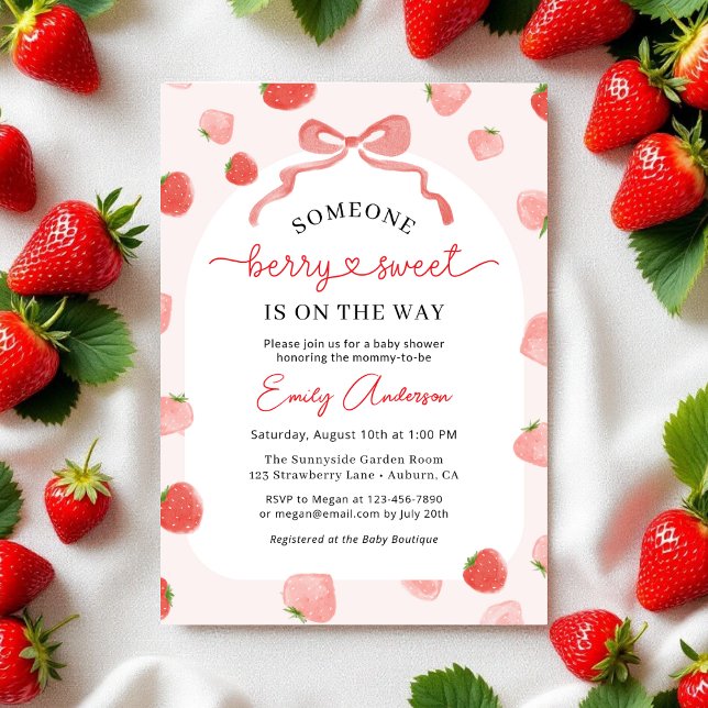 Gingham Berry Sweet Croquette Bow Baby Shower Invitation (Creator Uploaded)