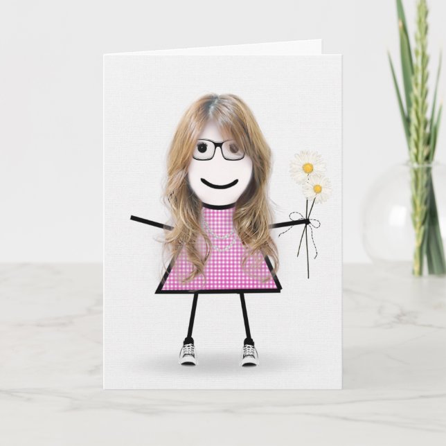 Gingham Birthday Stick Girl With Daisies Card (Front)