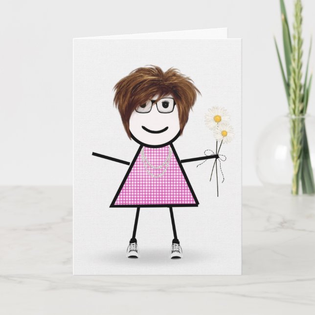Gingham Birthday Stick Girl With Daisies Card (Front)