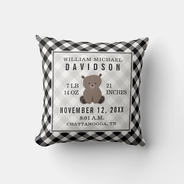 Gingham Black + White Bear Baby Boy Birth Stats Cushion (Front)