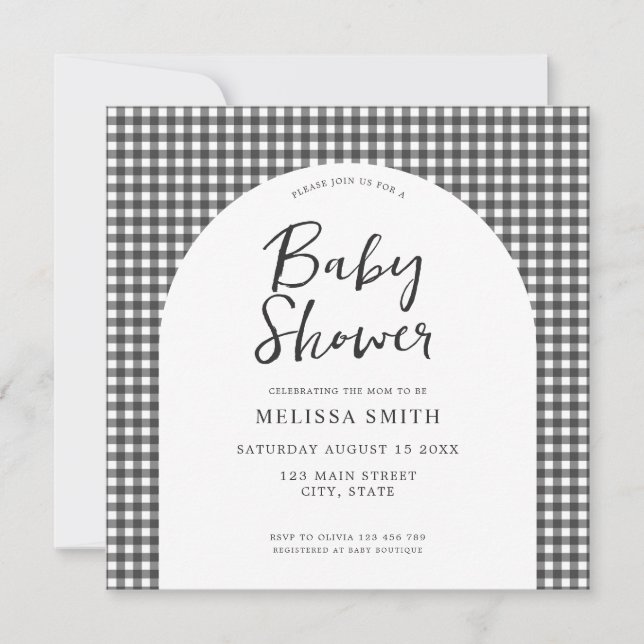 Gingham Black White Chequered Plaid Baby Shower Invitation (Front)