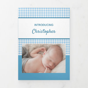 Gingham blue and white photos baby boy Tri-Fold announcement