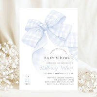 Gingham Blue Bow Baby Shower Invitation
