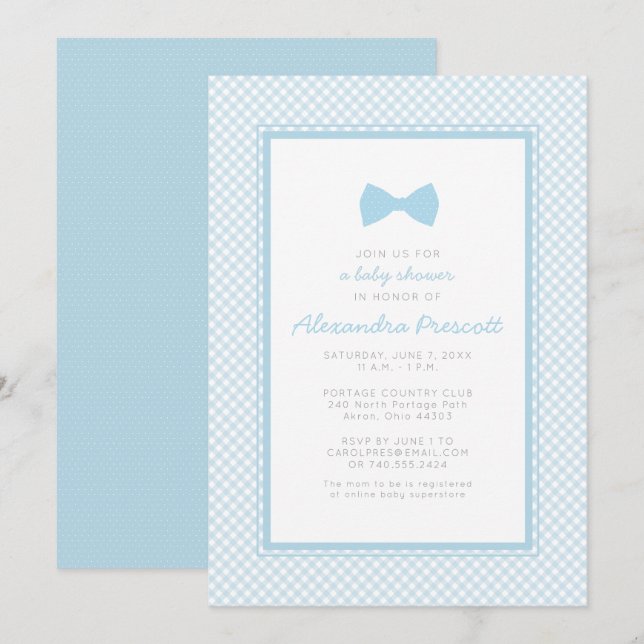 Gingham blue bow tie baby shower invitation (Front/Back)
