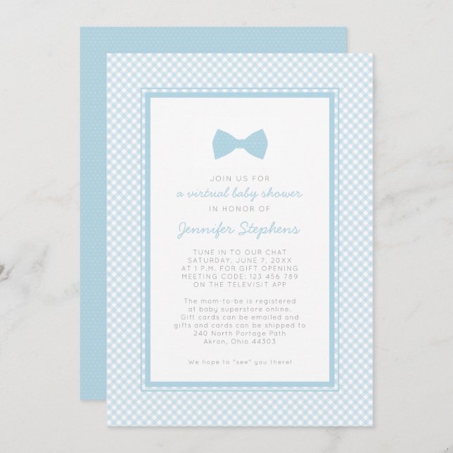 Gingham blue bow tie virtual baby shower invitation (Front/Back)