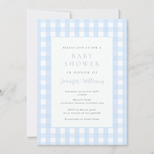 Gingham Blue Boy Baby Shower Invitation (Front)