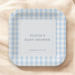 Gingham Blue Boy Baby Shower Party Paper Plate
