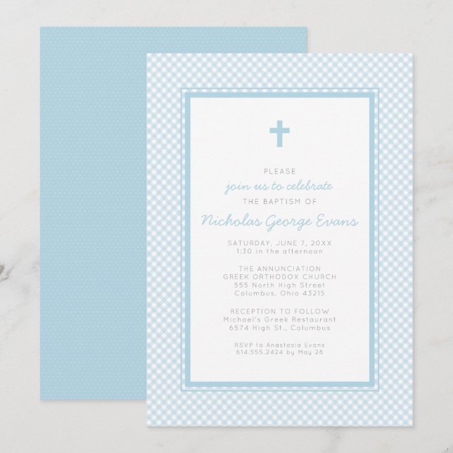 Gingham blue boy baptism invitation (Front/Back)