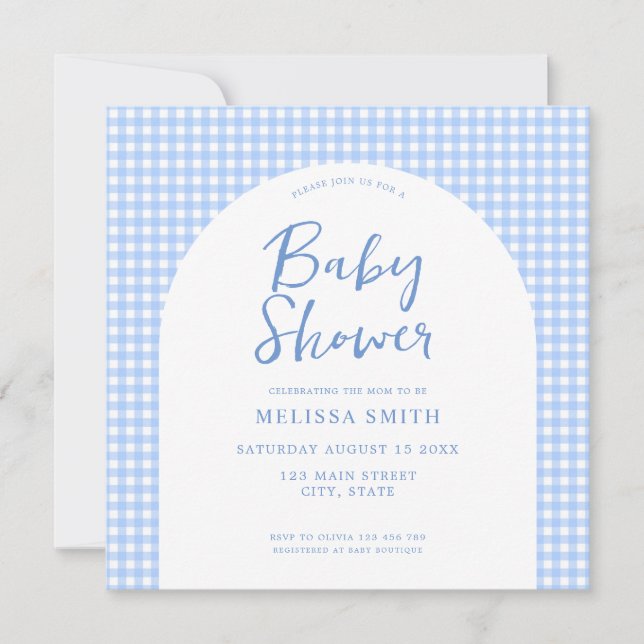 Gingham Blue Chequered Plaid Baby Shower Invitation (Front)