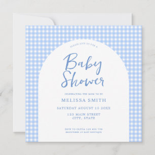 Gingham Blue Chequered Plaid Baby Shower Invitation
