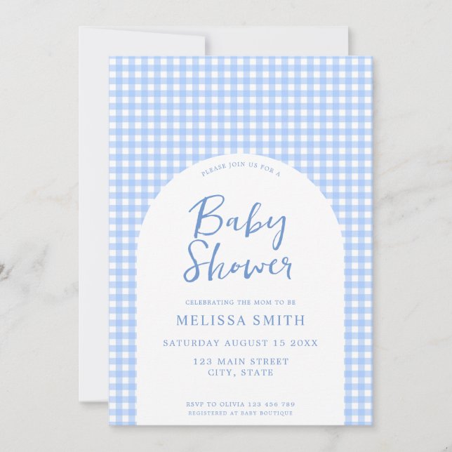 Gingham Blue Chequered Plaid Baby Shower Invitation (Front)