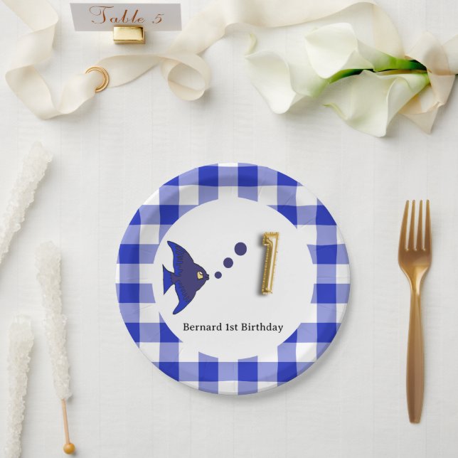 Gingham, Blue Fish & Balloon 1st Birthday Paper Plate (Wedding)