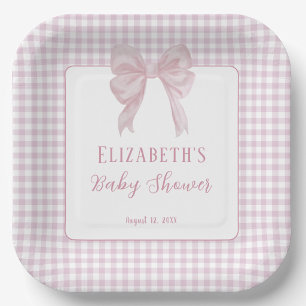 Gingham Blush Pink Bow Baby Shower Paper Plate