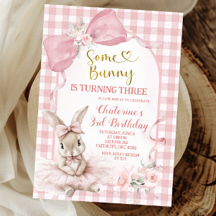 Gingham Blush Pink Floral Bow Bunny Ballerina Invitation