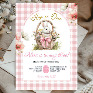 Gingham Boho Pink Bow Floral Easter Bunny Birthday Invitation
