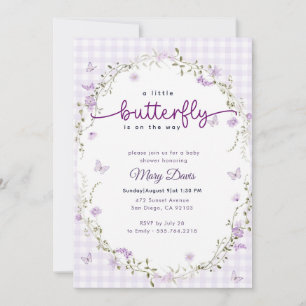 Gingham Boho Spring Lavender Butterfly Baby Shower Invitation
