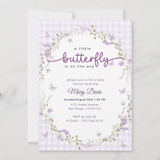 Gingham Boho Spring Lavender Butterfly Baby Shower Invitation
