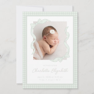 Gingham Bow Photo Birth Announcement